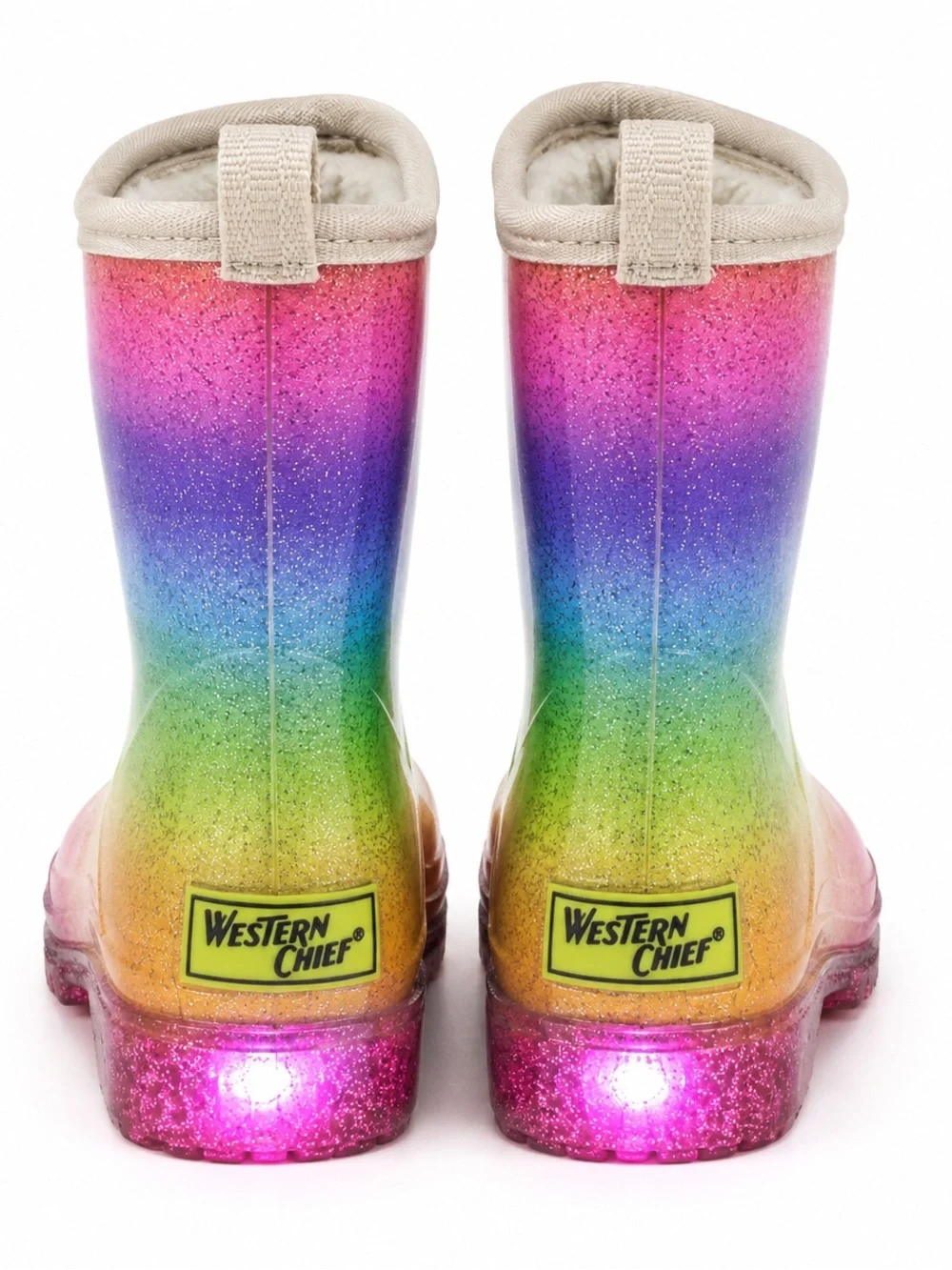 Western Chief Rainbow Sparkle Ombre Glitter Light-Up Fur-Lined Rain Boots Kids 7